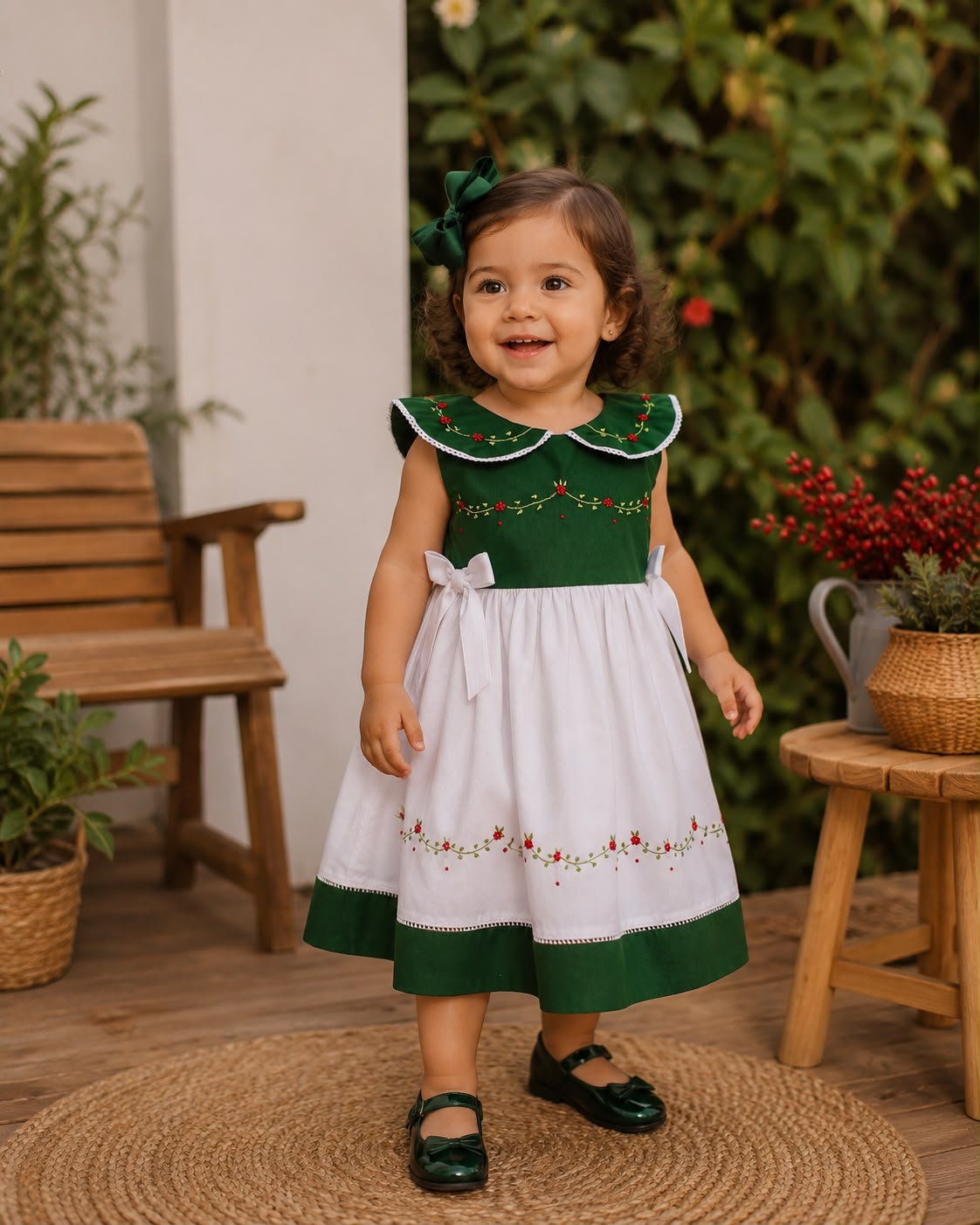 Vestido Verde e Branco com Bordado