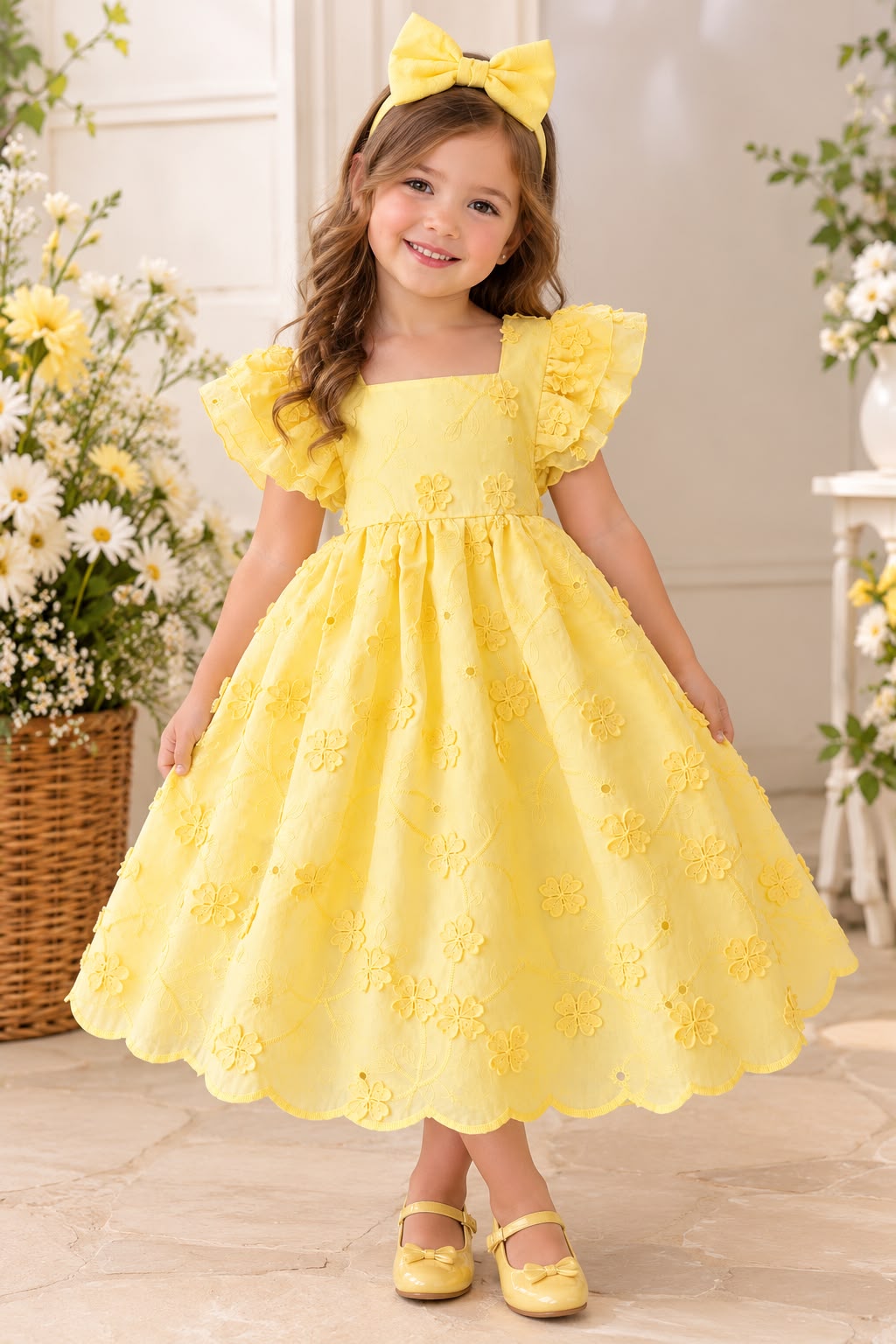 Vestido cambraia bordado amarelo