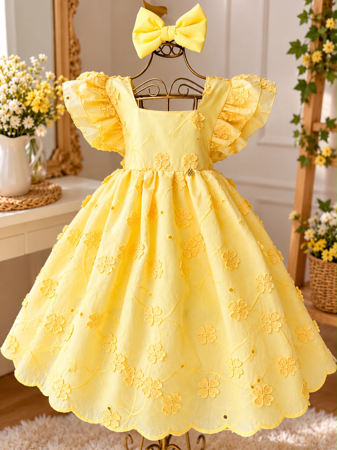 Vestido cambraia bordado amarelo